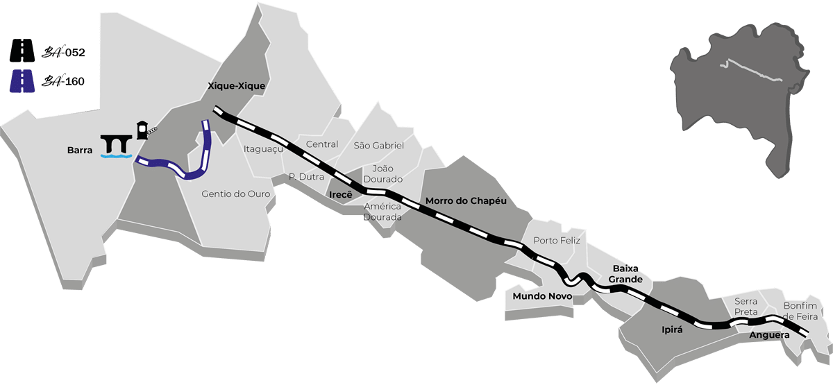 Mapa das rodovias BA-052 e BA-160 na Bahia, administradas pela CONCEF, destacando municípios e principais trechos.